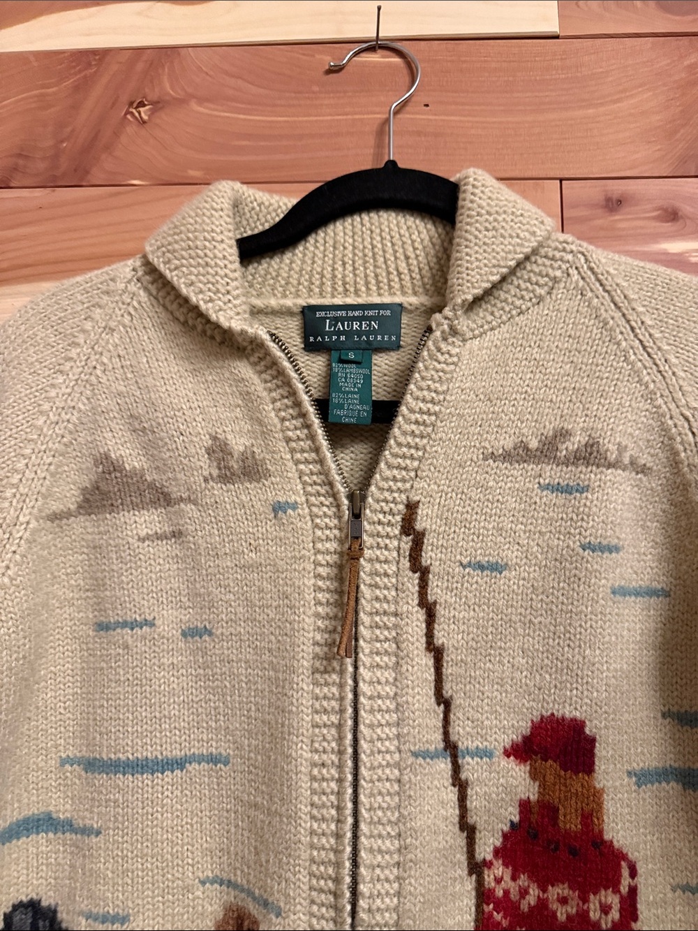 Vintage- Lauren Ralph Lauren Cream Zip-Front Fisherman Sweater with Red Accent - Picture 7 of 9
